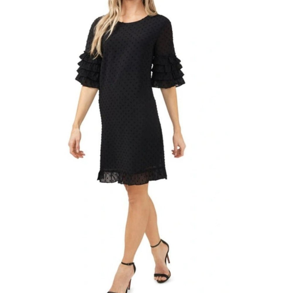 Cece Clip Dot Shift Dress Sz 2 Ruffled Tiered Sleeves & Hem Popover Keyhole